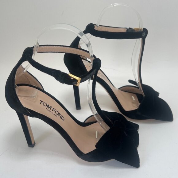 Tom Ford Brigitte Bow Sandals Velvety Black Stiletto Heels Women Size 36 US5 - Picture 3 of 16